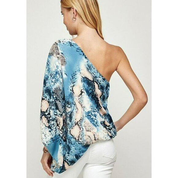 NEW Radiant One Shoulder Blue Blouse Snakeskin Blush Boho Top Bluson Size Small - Picture 2 of 6